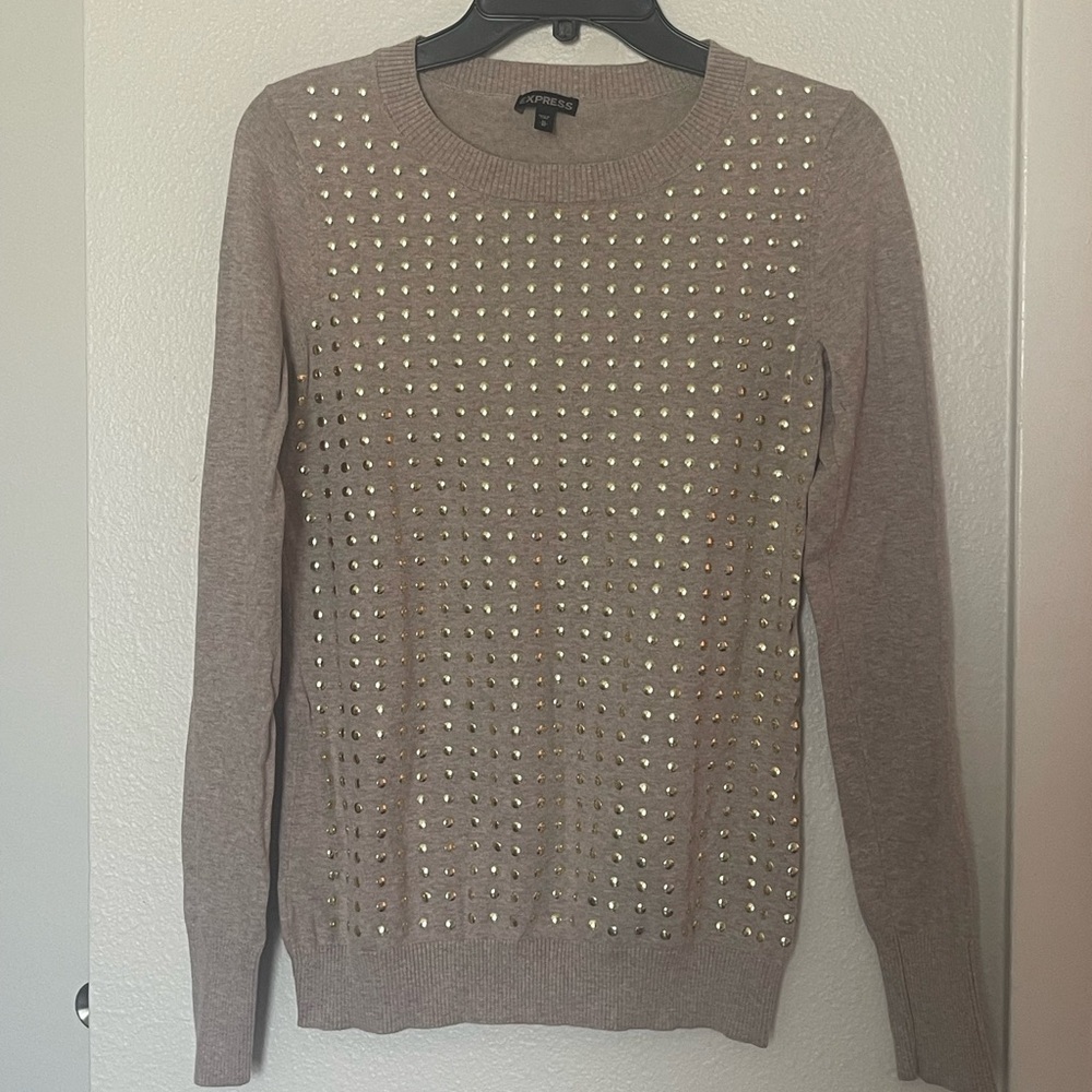 Express Taupe Ribbed Crewneck Sweater with Stud Detail